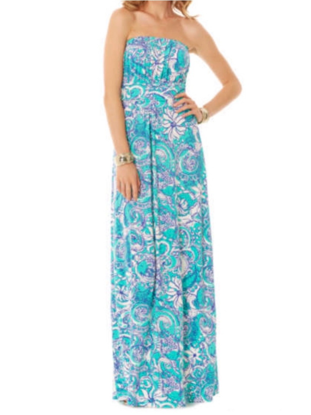 Lilly Pulitzer Teal Paisley Strapless Maxi Dress